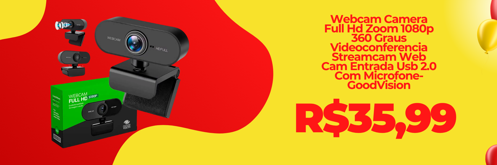 Webcam Camera Full Hd Zoom 1080p 360 Graus Videoconferencia Streamcam Web Cam Entrada Usb 2.0 Com Microfone- GoodVision